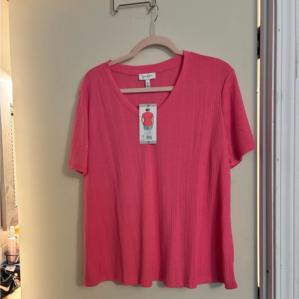 Jessica Simpson Coral V-Neck Rib Knit Short Sleeve Top